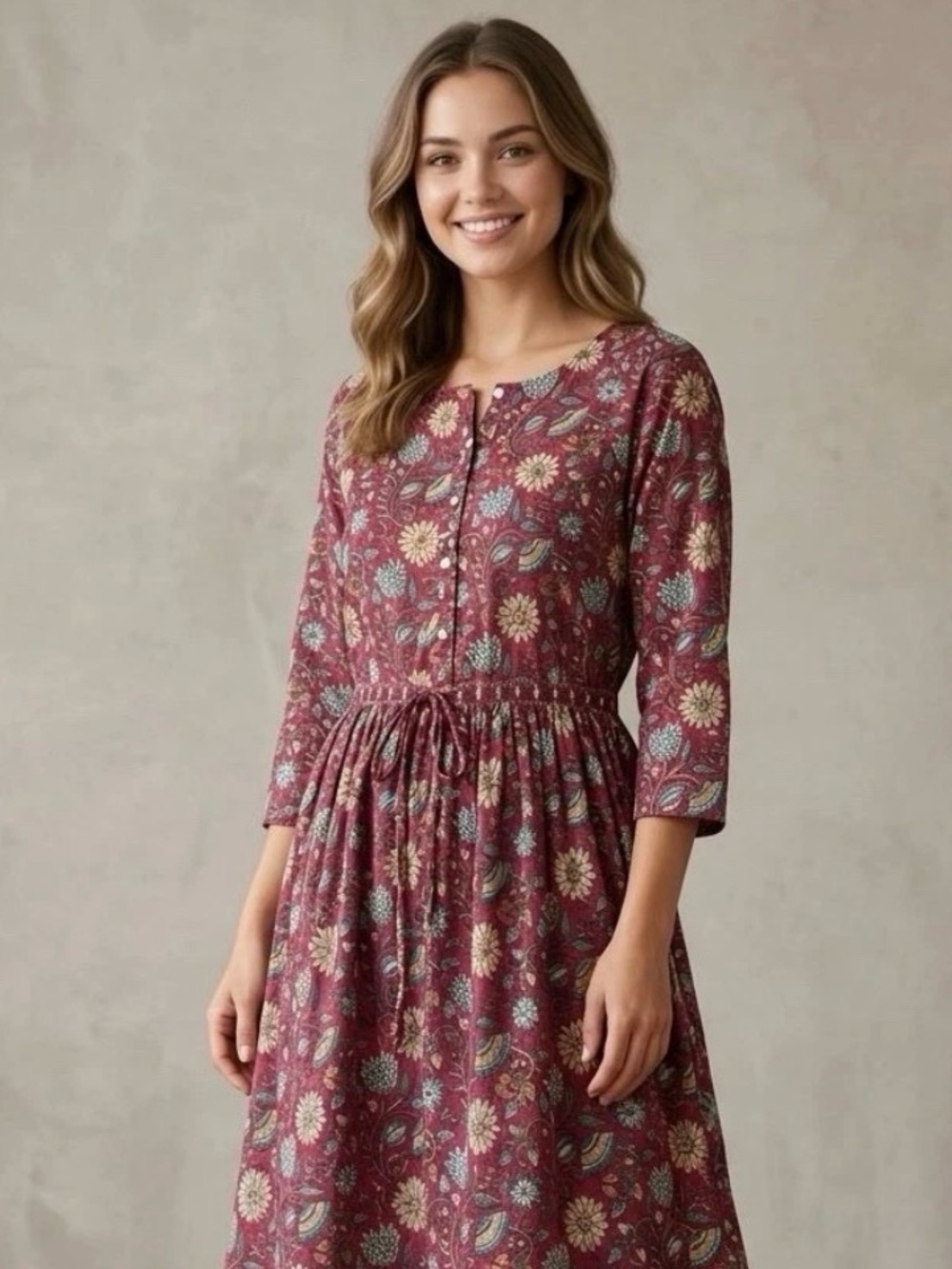 Anokhi Hand Block Print Cotton Dress S Maroon Floral Drawstring Mini Boho Indie
